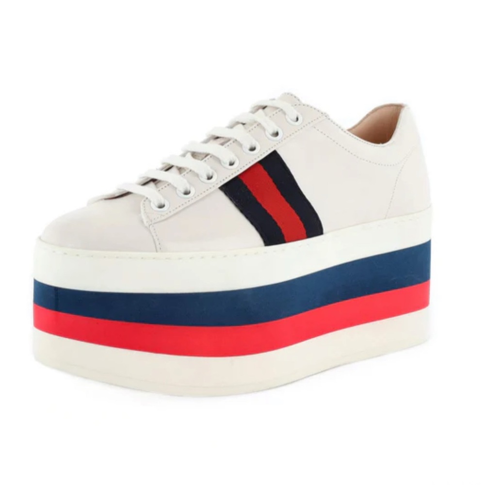Authentic Gucci Web Striped Peggy Platform Sneakers 37.5 - Picture 11 of 13
